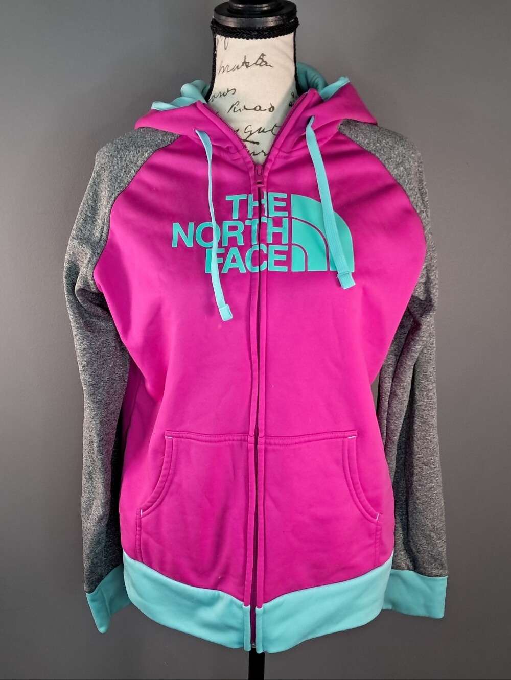 Women’s The North Face Zip Up Hoodie Sweater Jacket Pink/Blue/Grey Medium